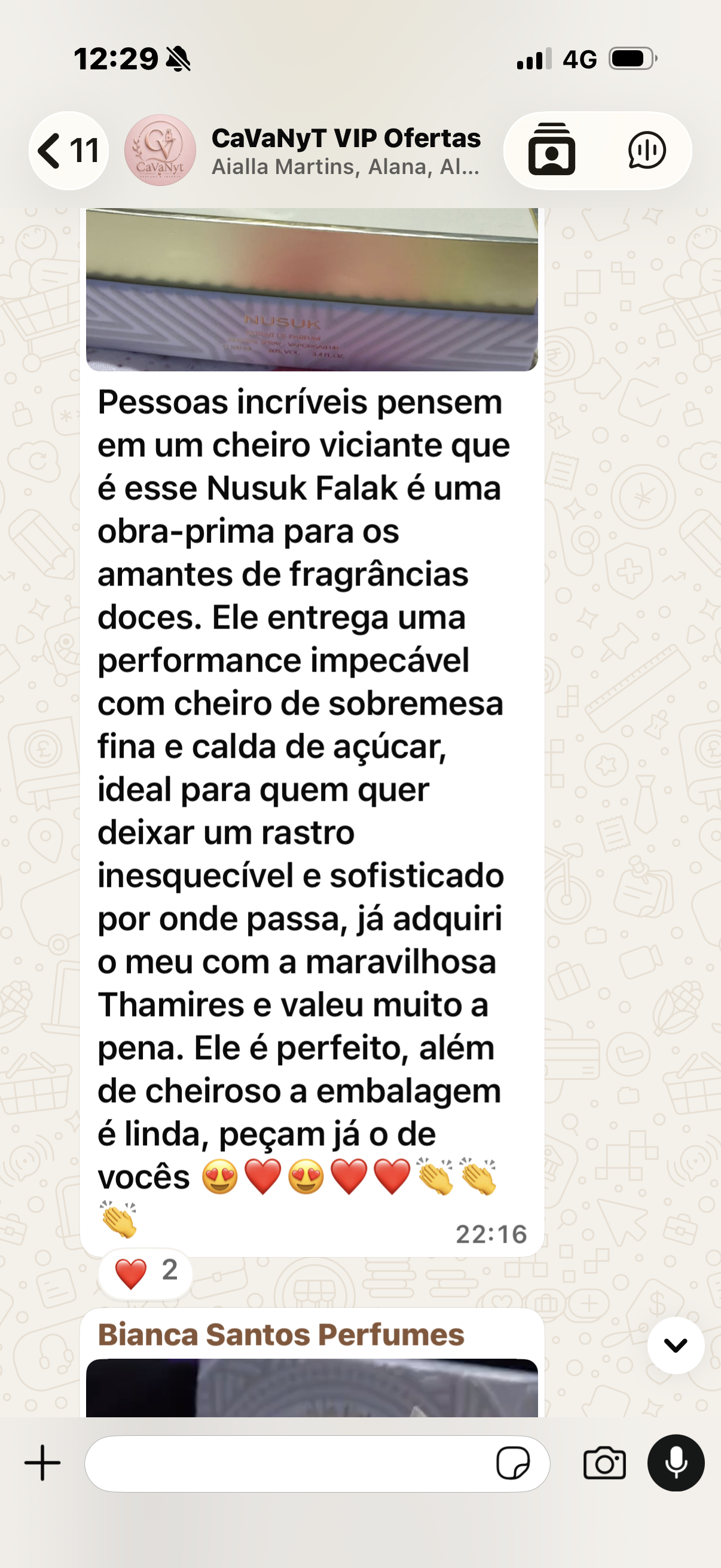 Continuação do relato sobre o perfume Nusuk Falak no grupo VIP da Cavanyt